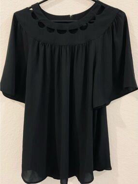 Ann Taylor Black Cutout Yoke Flutter Sleeve Blouse Medium